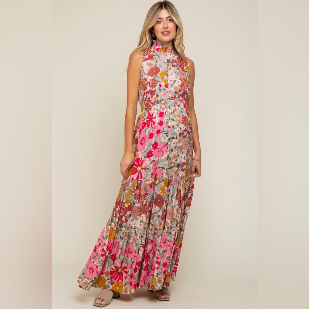 Pinkblush Maternity Floral Tiered Maxi Dress in Pink & Mustard Size Medium